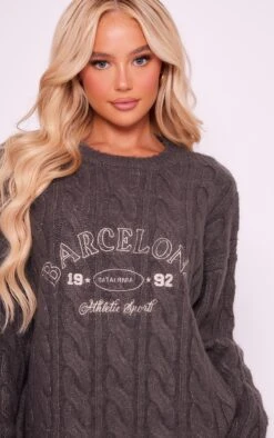 Prettylittlething Grey Barcelona Embroided Brushed Chunky Knit Sweater Grey -Prettylittlething a36f48d2fa60c834bc62c8c7aaf7929d68d1cc0b cnf0287 4