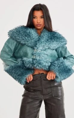 Prettylittlething Teal Textured Look Faux Mongolian Fur Faux Leather Jacket Teal