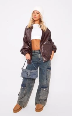 Prettylittlething Brown Textured Look Faux Leather Pocket Front Bomber Jacket Brown -Prettylittlething a3dcb8ed00682a139e9f94eb467858aa249c2fa5 cnf7828 3