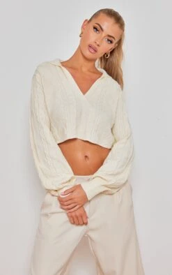 Prettylittlething Cream Cable Knit Collared Crop Sweater Cream -Prettylittlething a3f000e7d61644e811374f7af08cc095f430c20c cmz5367 3
