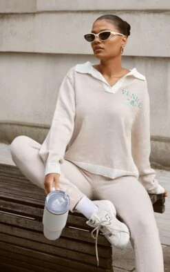 Prettylittlething Stone Venice Embroidered Knitted Sweatpants Stone -Prettylittlething a4dee707f1a444365037cefb2a151ab0de8bda1f cnf4927 4