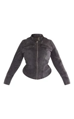 Prettylittlething Plus Washed Black Zip Up Fitted Denim Jacket Washed Black -Prettylittlething a4e2e89b31f197d443e46ea9b00348cc31e623fe cng2652 5