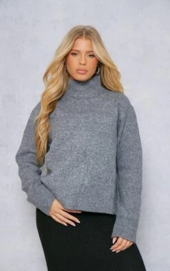 Prettylittlething Grey Marl Brushed Knit High Neck Sweater Grey Marl