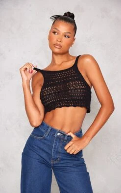 Prettylittlething Black Contrast Crochet Crop Top Black