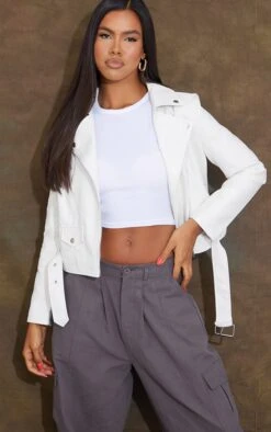 Prettylittlething White Faux Leather Regular Fit Belted Biker Jacket White