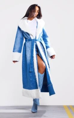 Prettylittlething Indigo Blue Wash Faux Fur Trim Contrast Denim Maxi Coat Washed Indigo