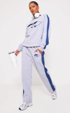 PRETTYLITTLETHING Ash Grey Embroidered Side Panel Straight Leg Sweatpants Ash Grey