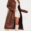 Prettylittlething Brown Vinyl Vintage Look Trench Coat Brown