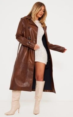 Prettylittlething Brown Vinyl Vintage Look Trench Coat Brown