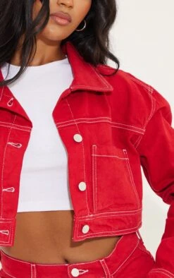 Prettylittlething Red With Contrast Stitch Crop Denim Jacket Red -Prettylittlething a87bd84aa14c94f332c843c2a692c883bb14dba0 cmz5638 4