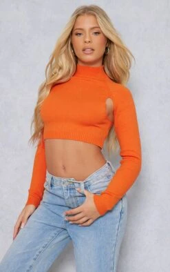 Prettylittlething Orange Soft Knit Cut Out Crop Sweater Orange