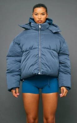 Prettylittlething Petrol Peached Oversized Hooded Puffer Coat Petrol