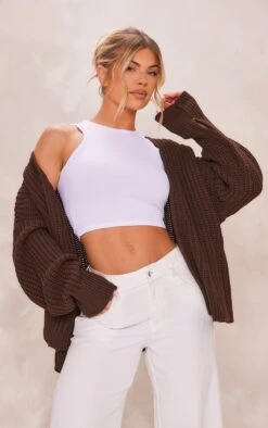 Prettylittlething Chocolate Chunky Knit Slouchy Cardigan Chocolate