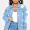 Prettylittlething Plus Light Wash Distress Oversized Denim Jacket Light Blue Wash