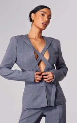 Prettylittlething PLT Label Charcoal Strap Detail Cross Over Oversized Blazer Charcoal