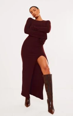 Prettylittlething Chocolate Brushed Rib Corsage Detail Maxi Dress Chocolate. -Prettylittlething ab6f6f2e29d46d9ec544f62fab829cc2b6b511d8 cnh2713 3