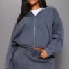Prettylittlething Charcoal Washed Oversized Front Pocket Toggle Hem Zip Up Hoodie Charcoal