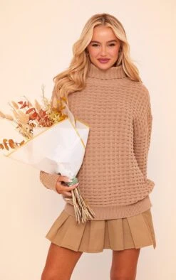 Prettylittlething Cappuccino Square Knit Oversized Roll Neck Sweater Cappuccino