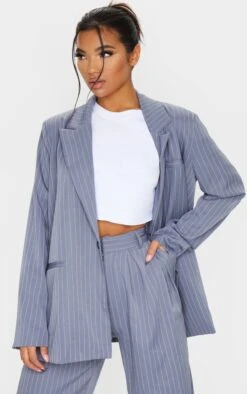 Prettylittlething Charcoal Grey Pinstripe Oversized Dad Blazer Charcoal Grey