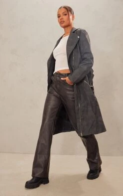 Prettylittlething Black Washed PU Maxi Biker Black