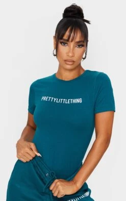 PRETTYLITTLETHING Teal Logo Short Sleeved Bodysuit Teal