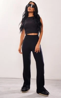 Prettylittlething Black Knitted Ribbed Wide Leg Pants Black