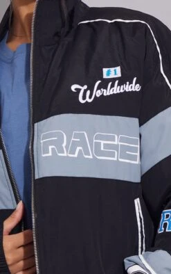 Prettylittlething Black Oversized Graphic Zipped Racer Bomber Jacket Black -Prettylittlething aef40d49a2523019e28225011e0f25eca40cdea7 cmv3589 4