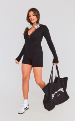 Prettylittlething Black Ribbed Soft Knit Hook & Eye Romper Black