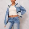 Prettylittlething Tall Vintage Mid Wash Oversized Zip Up Hooded Denim Jacket Vintage Mid Wash