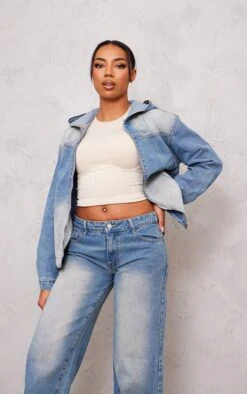 Prettylittlething Tall Vintage Mid Wash Oversized Zip Up Hooded Denim Jacket Vintage Mid Wash