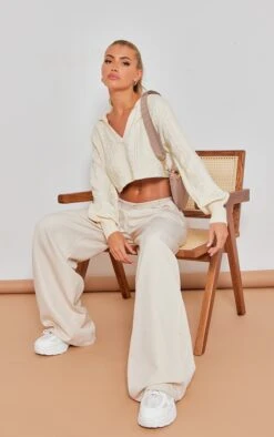 Prettylittlething Cream Cable Knit Collared Crop Sweater Cream