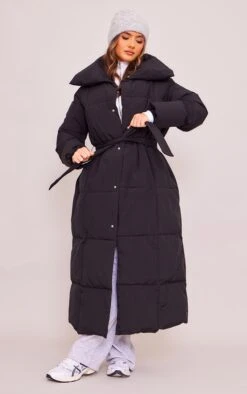 Prettylittlething Black Oversized Square Quilted Maxi Puffer Coat Black