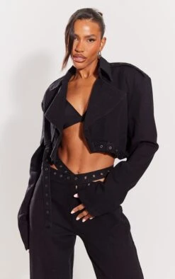 Prettylittlething Black Eyelet Detail Crop Jacket Black