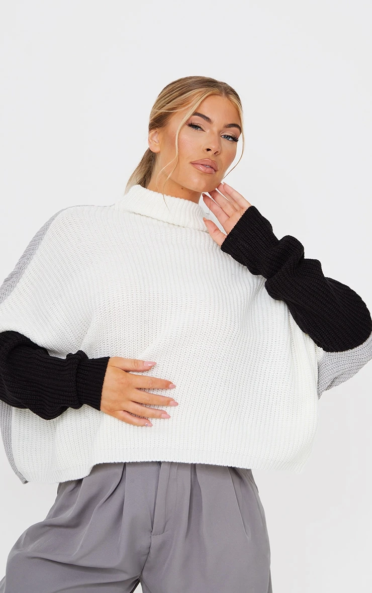 Prettylittlething Monochrome Oversized Colour Block Jumper Monochrome 3 Prettylittlething Monochrome Oversized Colour Block Jumper Monochrome - Image 3