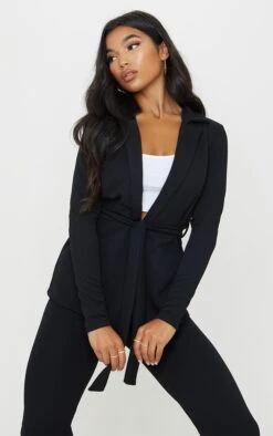 Prettylittlething Black Belted Waist Blazer Black