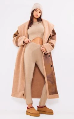 Prettylittlething Beige Eyelash Knit Flared Hem Leggings Beige