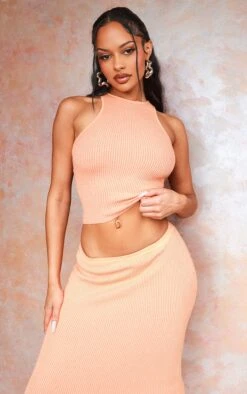 Prettylittlething Orange Racer Neck Two Tone Knit Top Orange