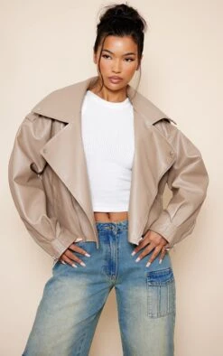 Prettylittlething Taupe Faux Leather Quilted Lining Oversized Biker Jacket Taupe