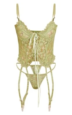Prettylittlething Sage Green Floral Lace Lace Up Corset With Suspender And Thong Sage Green -Prettylittlething b7d3cf956e41f33f8a98baed2275e6ede13ab223 cmt0527 5