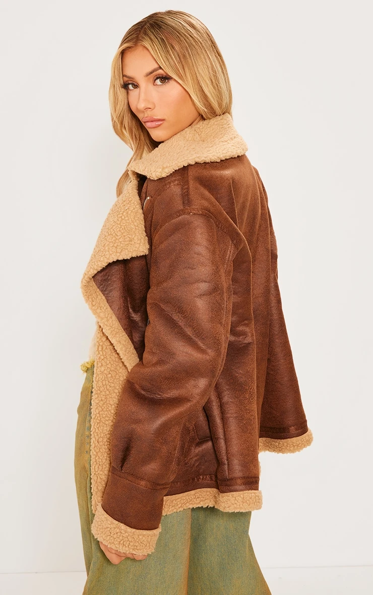 Prettylittlething Brown Borg Lined Oversized Buckle Collar Aviator Jacket Brown 2 Prettylittlething Brown Borg Lined Oversized Buckle Collar Aviator Jacket Brown - Image 2