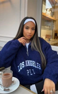 PRETTYLITTLETHING Navy Graphic Front Teddy Jacket Navy