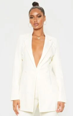 Prettylittlething Cream Double Breasted Woven Blazer Cream