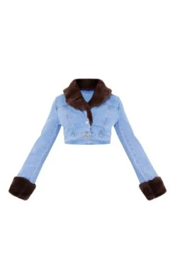 Prettylittlething Light Blue Wash Fur Trim Cropped Denim Jacket Light Blue Wash -Prettylittlething b95ec9a3b1dbeda7e9f95ec8edd8dfd6f263264d cng2479 5