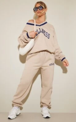 Prettylittlething Stone Wellness Printed Graphic High Waist Straight Leg Sweatpants Stone