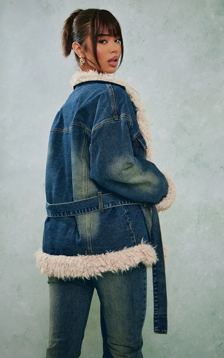 Prettylittlething Indigo Vintage Wash Borg Contrast Tie Waist Denim Jacket Indigo Vintage Wash 2 Prettylittlething Indigo Vintage Wash Borg Contrast Tie Waist Denim Jacket Indigo Vintage Wash - Image 2