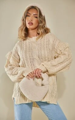 Prettylittlething Cream Oversized Cable Knit Tassel Sweater Cream