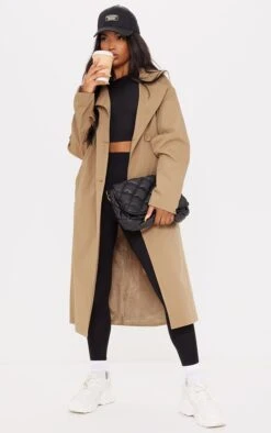 Prettylittlething Camel Panel Front Button Down Midi Trench Camel