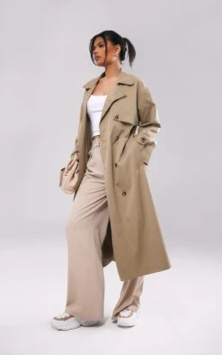 Prettylittlething Light Khaki Button Through Oversized Trench Coat Light Khaki -Prettylittlething bba515410100d513e10eccff4418fabfb787c2ec cnc7536 3