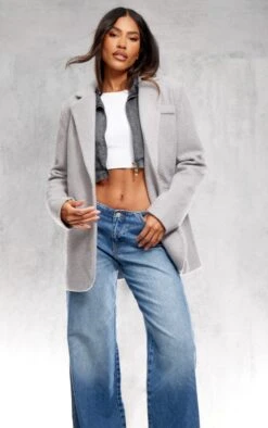 Prettylittlething Grey Double Breasted Boucle Borg Blazer Grey