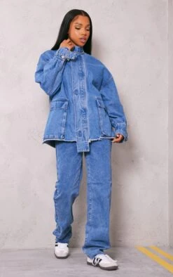 Prettylittlething Mid Blue Wash Buckle Detail Frayed Hem Denim Jacket Mid Blue Wash